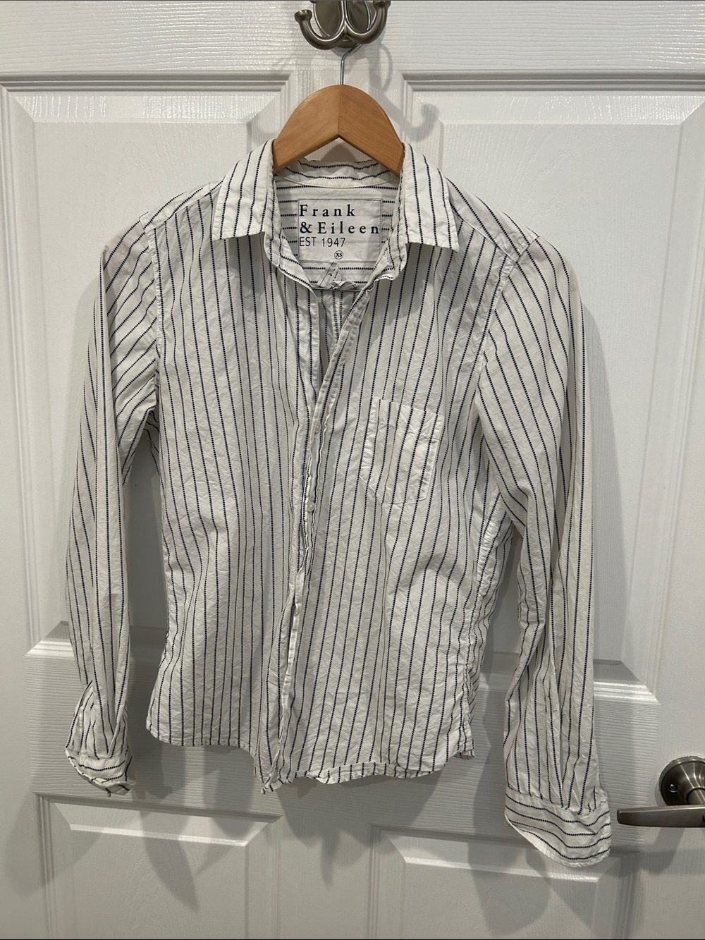 Frank & Eileen White Shirt with Black Vertical Stripes, Crinkle Cotton